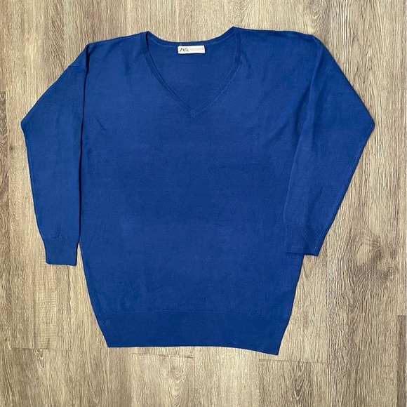 ZARA V-Neck Sweater Jumper 3/4 Sleeve Women's Size Medium Blue Pullover - Picture 2 of 5